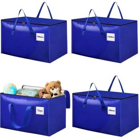 RHG 100L Bleu Gris Sac de Rangement en Polyester, Lot de 4 Imperméable Sacs de Déménagement avec Fermeture éclair et Poignée, Boite Rangement Vetement Couettes, Alternative aux Cartons Déménagement