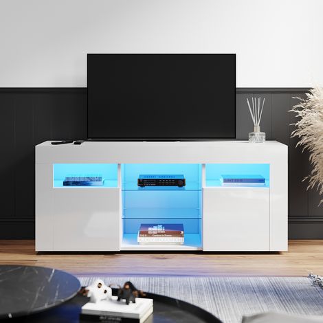 ELEGANT LED TV Unit 120cm High Gloss Modern TV Stand Cabinet with Ambient Lights for 32 40 45 50 inch 4k TV Living Room and Bedroom Furniture with Storage, White