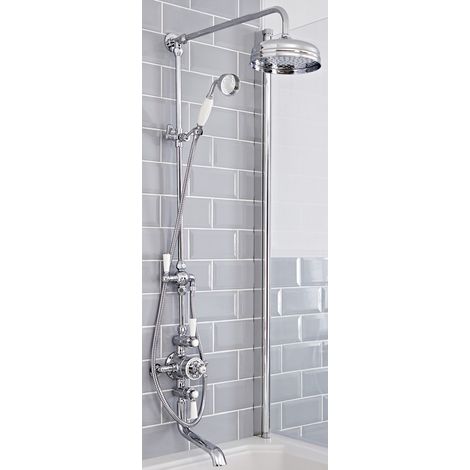 Milano Elizabeth Grand Rigid Riser with 3 Outlet Exposed Triple Thermostatic Mixer Shower Valve Round Rainfall Shower Head Hand Shower Handset and Bath Spout - Chrome & White (1/5)