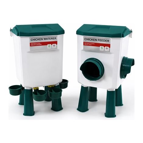 Abreuvoir pour poules 11,5 L + mangeoire 7,5 kg – Distributeurs d'eau automatiques – Anti-déversement – À poser ou à suspendre – Ensemble complet (1/2)