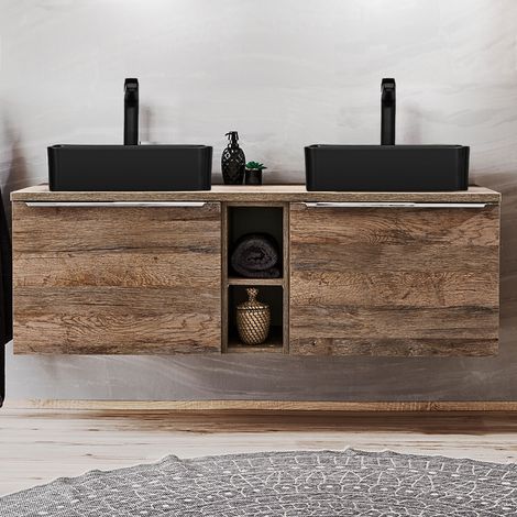 Doppelwaschtisch-Unterschrank 140cm mit 2 Keramikbecken PUEBLA-56 in Vintage Oak, B/H/T ca.: 140,4/61,5/46 cm (1/5)