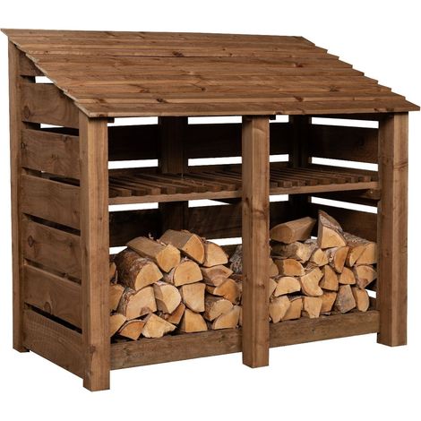 Slatted wooden log store with kindling shelf W-146cm, H-126cm, D-88cm - brown finish