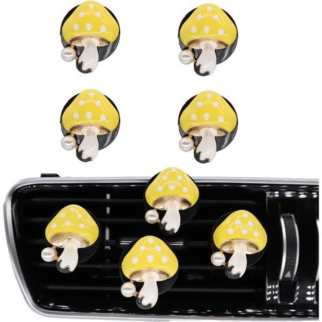 Joli désodorisant champignon pour voiture, clip pour pot d'échappement (lot de 4, jaune), décore l'habitacle et diffuse un parfum frais et durable. (1/5)