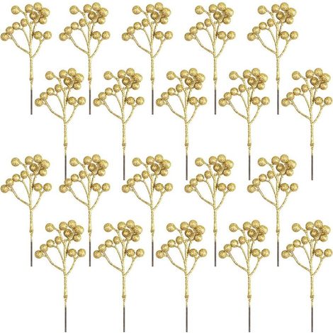 20 piezas de adornos artificiales de bayas doradas, ramas de acebo con bayas doradas de 18 cm para decoración de árboles de Navidad, manualidades, temporada navideña, decoración de invierno, decoració (1/5)