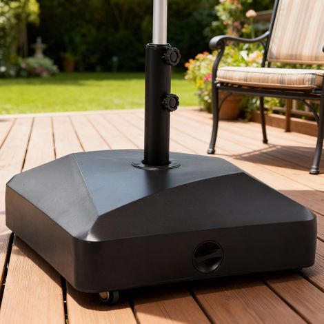 Pied de parasol carré support parasol remplissage eau sable avec roues pour terrasse en PE 54.5 x 54.5 x 46.5 cm noir