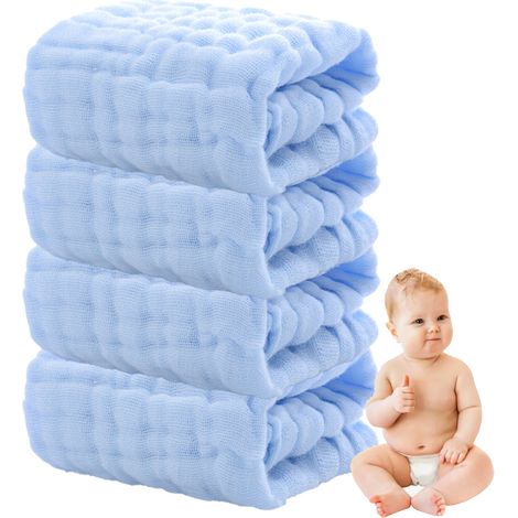 Washcloth Bébé - Mousseline Coton Naturel 30x30 cm - Doux Respirant Absorbant - Pour Nouveau-Né Enfant et Adulte - Lot de 4