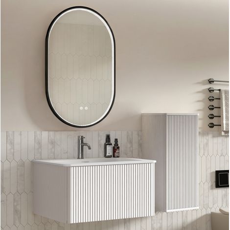 Badmöbel-Set mit Waschbecken, Hochschrank, LED-Antibeschlagspiegel, Weiß, 80 cm OKMYHOME (1/5)