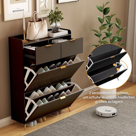 Mobile per scarpe 2 cassetti e 2 ante ribaltabili, mobile d'ingresso scanalato con piedi in metallo, contenitore per scarpe salvaspazio per ingresso, corridoio, soggiorno e camera – Nero