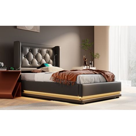 Lit coffre 90x200 cm en PU noir avec LED 3 côtés, tête de lit capitonnée et ports USB/Type-C, sommier inclus + matelas (1/5)