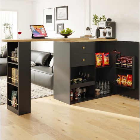 Drehbarer Bartisch 138x39x104 cm schwarz aus MDF mit 4 Schubladen und 3 offenen Regalen (1/5)