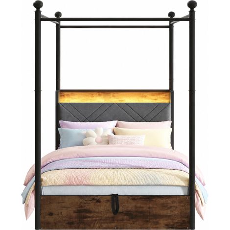 Lit baldaquin 90x190 avec coffre hydraulique, LED connectées, prises USB/Type-C, cadre en métal noir et panneaux bois, modèle convertible pour chambre ado  CHICFURN (1/5)