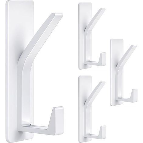 Lot de 4 crochets autocollants en métal – Crochets muraux robustes, accessoires de chambre à coucher sans clou avec design à double crochet pour salle de bain/cuisine/porte (blanc) (1/5)