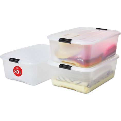 Boite Rangement Plastique avec Couvercle, 30L, Lot de 3, Transparent, Clips de Fermeture, Poignée, Empilable, Portable, Solide (1/5)