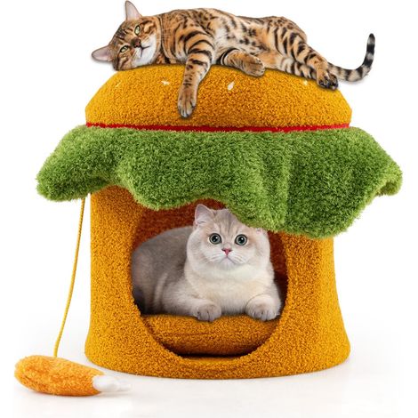 COSTWAY Cuccia per Gatti Carino, Condominio per Gatti a Forma di Hamburger con Cuccia Imbottita, Giocattolo Morbido Sospeso e Cuscino Morbido Rimovibile e Lavabile, Casa per Gattini, 37 x 37 x 41 cm (1/5)