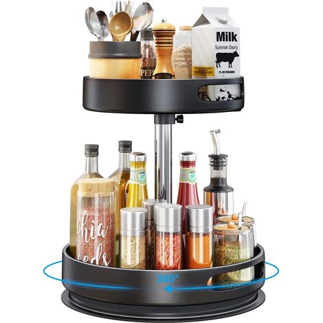 Lazy Susan Organiseur à épices rotatif à 360 °, en acier au carbone, plateau rotatif, porte-épices, hauteur réglable, pour cuisine, table, plan de travail, armoire, garde-manger (2 niveaux) (1/5)