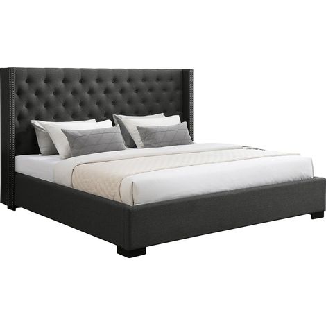 Vente-Unique – Lit 200 x 200 cm – Tête de lit capitonnée en polyester – Structure MDF et contreplaqué – Cadre à lattes – Charge maximale 230 kg