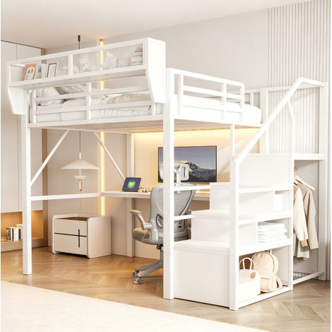 Letto a soppalco 140x200 cm bianco in metallo e MDF con scrivania, LED e ripiani modulari (1/5)