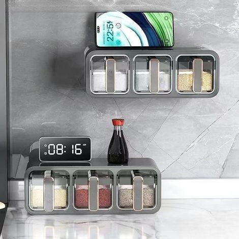 Scatola per spezie da cucina, set di 3 barattoli per spezie, montaggio a parete, non richiede fori, per conservare sale e altri condimenti - 26,5×13,3×9,6 cm (1/4)