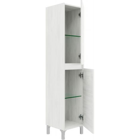 Mueble de baño de pie de 80 cm en madera de roble blanco con lavabo y espejo - Francia - Con columna espejo y lámpara LED (1/5)