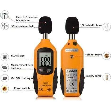 Sonomètre 30-130 dBA, sonomètre professionnel, avec écran rétroéclairé (pile 9V incluse). (1/3)