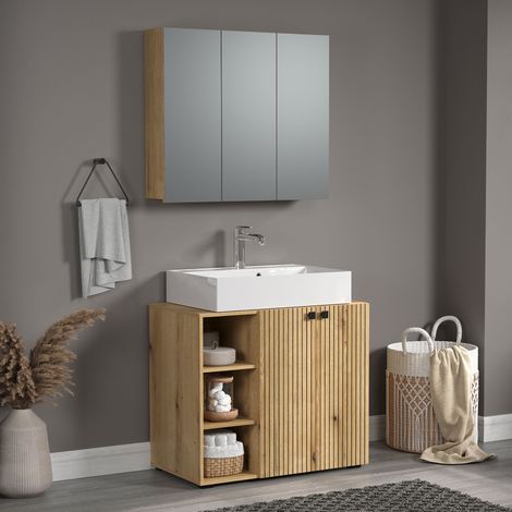 Ensemble meuble sous-lavabo et armoire de toilette naturel - FRUTZ
