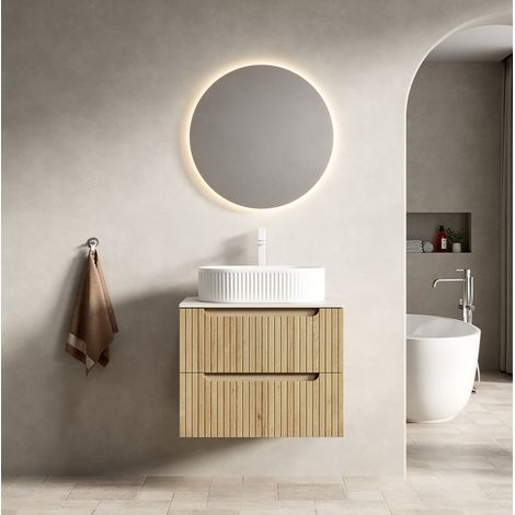 Mueble de baño suspendido 60 cm con lavabo ovalado, 2 cajones, blanco DESVIAE (1/5)