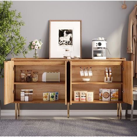 MEUBLIV Buffet 140x38x75 cm naturel – 4 portes, rangement réglable, 2 colis (1/5)