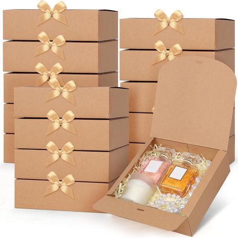 Gift Box with Lid 16 x 16 x 2 cm, 15 Pieces Kraft Cardboard Gift Boxes, Folding Gift Boxes with Gold Ribbon for Wedding, Birthday, Valentine's Day, Party, Christmas (1/5)