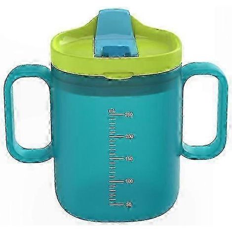 Auslaufsicherer Becher mit Griff, Strohhalm und Deckel für Erwachsene, ideal für die tägliche Flüssigkeitszufuhr, robustes Glas mit Ausgießer, 350 ml, kein Spritzen, bequem überallhin mitzunehmen. (1/3)
