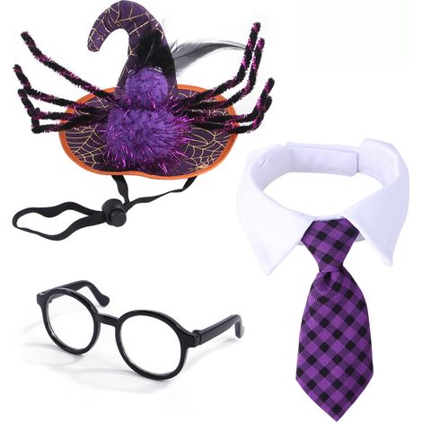 3 pièces Accessoire de déguisement pour chien, chapeau magicien araignée, cravate carreaux violets, lunettes fantaisie, Halloween (1/5)