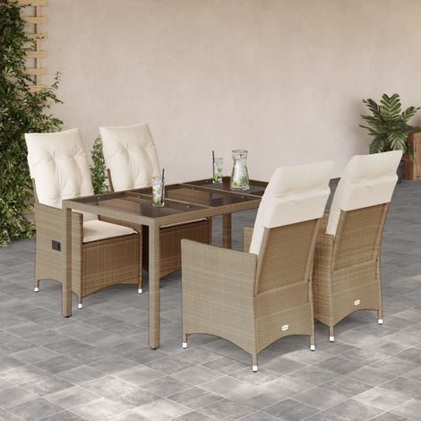 Salon de jardin repas 5 pièces en résine tressée beige avec table, coussins et fauteuils inclinables - PANGIVO (1/5)