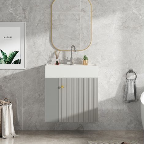 Meuble vasque suspendu 55x31x66,5 cm en aggloméré gris, lavabo intégré gain de place – MEUBLIV (1/5)