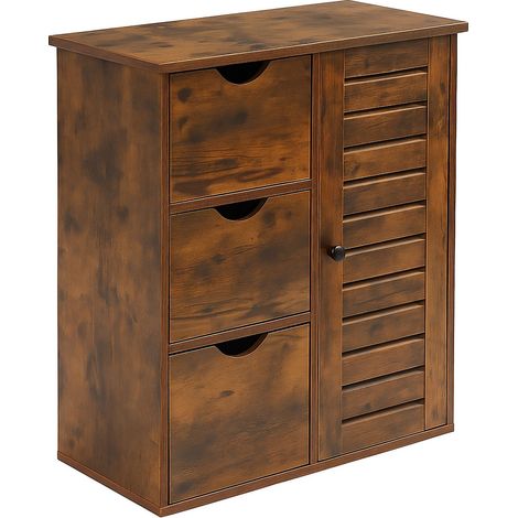 Relaxdays Badezimmerschrank, HxBxT: 80 x 60 x 30 cm, 3 Schubladen & Fächer, Beistellschrank für Bad, Flur, Küche, braun