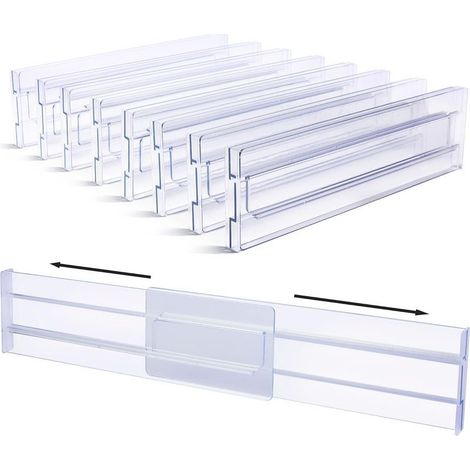 Séparateurs de tiroir en plastique, réglables, lot de 8 (30,99-55,12 cm), séparateur de tiroir transparent, organisateur de tiroir pour rangement de cuisine, chambre à coucher, commode (1/5)