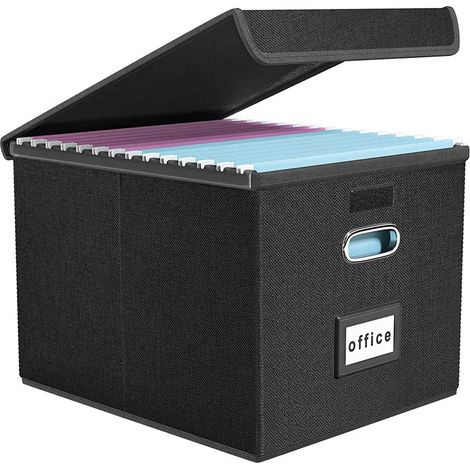 Boîte de rangement A4 avec couvercle - 1 unité - Panneau de fibres aspect lin - Pliable et robuste - Pour bureau et maison - Noir 38x33,5x28cm (1/5)