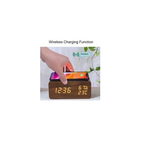Horloge numérique en bois – Radio-réveil – Chargeur sans fil – Station météo (1/3)