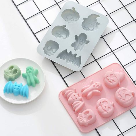 Halloween Silikon-Kuchenform mit 6 Löchern, Geister-, Kürbis- und Fledermaus-Backform, DIY-Seifen-, Süßigkeiten- und Schokoladenform (1/5)