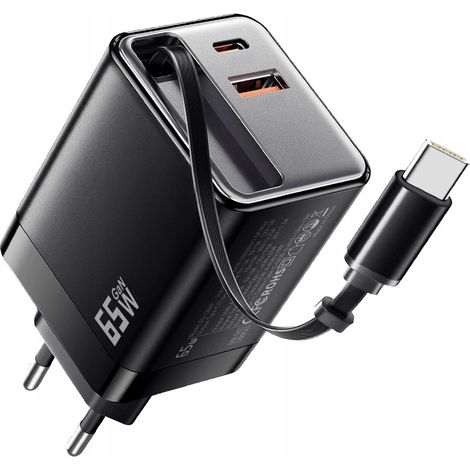 Cargador rápido PD de 65 W, fuente de alimentación tipo cubo con cable retráctil integrado Koanni (1/5)