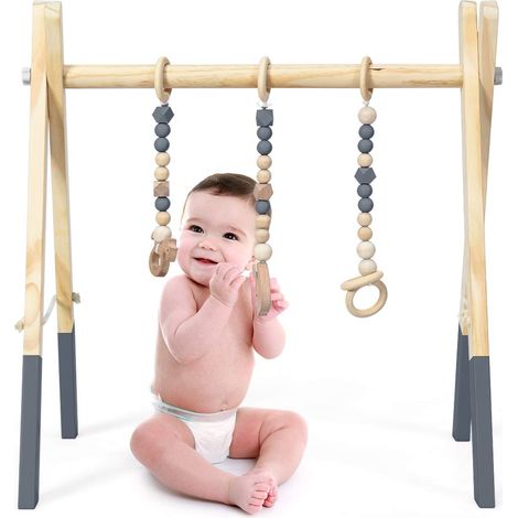 COSTWAY Baby Gym Babyspielgeraet Spieltrapez Spielbogen Holzspielzeug Aktivitaetszentrum mit 3 Kinderspielzeugen zur Gehirnentwicklung & sensorische Stimulation, fuer Babys ueber 3 Monate Grau (1/5)