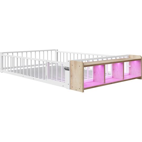 Metall-Kinderbett 140 x 200 cm mit Sicherheitsbarriere, offenem Stauraum und LED-Beleuchtung, weiß (1/5)
