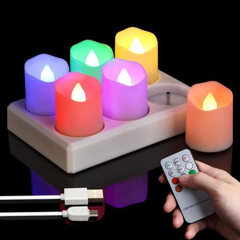 Wiederaufladbare LED-Kerzen mit USB-Anschluss, Timer, Fernbedienung, flackernder Flamme, warmweißem Licht, Dekoration für Weihnachten, Halloween und Familienfeiern, 4 x 4,5 cm, mehrfarbig, 6 Stück mit (1/5)