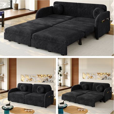 Sofá cama 2 plazas 166x84x90 cm en chenilla negra, 3 en 1 ahorraespacio – MEUBLIV (1/5)