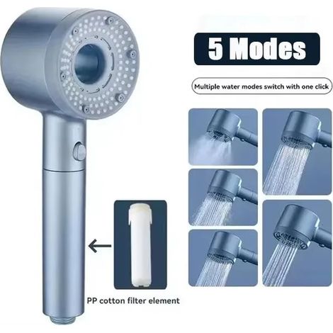 (Blue-a) Pommeau de douche spa massant 5 modes avec filtre, haute pression, économie d'eau, arrêt d'eau en une seule touche, douchette de salle de bain (1/5)