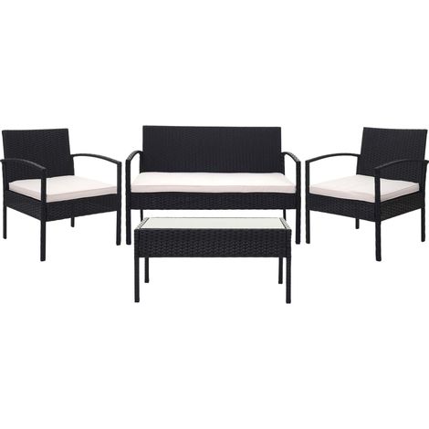 Poly-Rattan Garnitur HHG-821, Balkon-/Garten-/Lounge-Set Sitzgruppe schwarz, Kissen creme