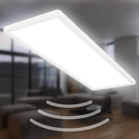 Plafonnier LED avec détecteur de mouvement IP44 portée 3m, couleur de lumière blanc neutre, plat, détection 120 degrés, panneau LED, 58x20x3 cm, blanc (1/5)