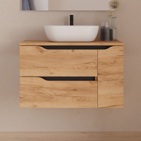 Meuble de salle de bain 80cm avec plateau et vasque à poser centrée Zeus - sans miroir - 2 tiroirs et un placard - roble (chêne clair) - ZARZA