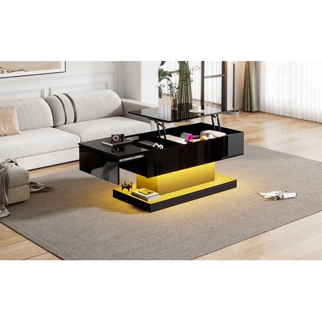 Table basse 100 x 50 x 45 cm, laquée brillante avec led, plateau semi-relevable et latéral, levage hydraulique et espace de. (1/5)