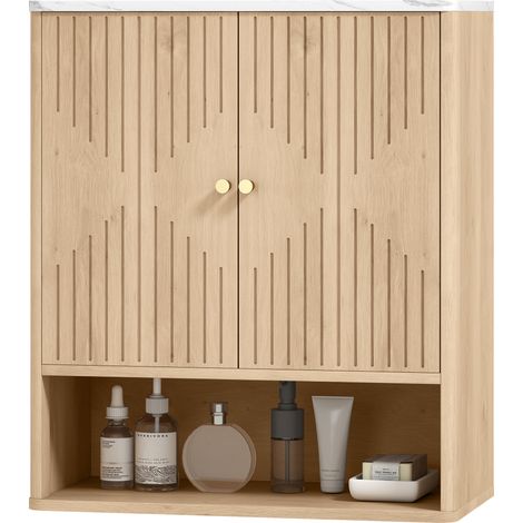 Meuble de salle de bain mural avec étagère ouverte et portes décorées, plateau effet marbre, 60 x 18 x 70 cm, chêne (1/5)