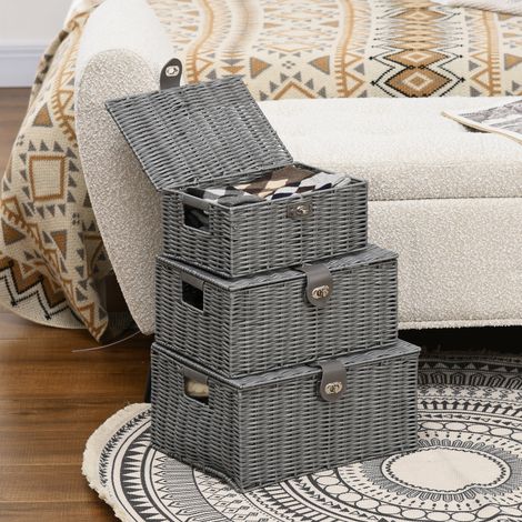 Ensemble 3 de paniers en osier PP avec couvercle - contenants rectangulaires de différentes tailles - gris