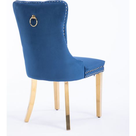 Chaise de salle à manger bleue en velours avec pieds en bois massif plaqués acier inox doré, lot de 2 (1/5)